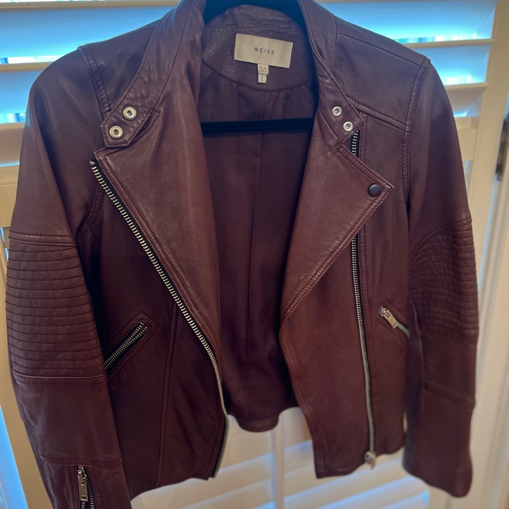 Reiss Brown Leather Moto Jacket with Asymmetrical Zipper